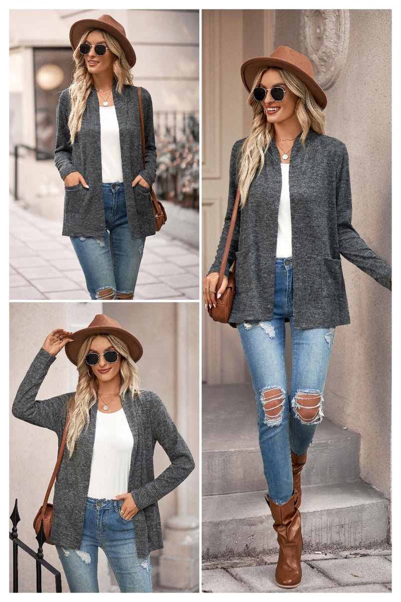 ULTRANICE Cardigan Sweaters Womens Fall Fashion 2024 Lightweight Long Sleeve Casual Business Outfits Clothing Knit Tops Clothes Summer Winter Work Trendy Dressy Cover Up Gray Grey Pocket - Image 3